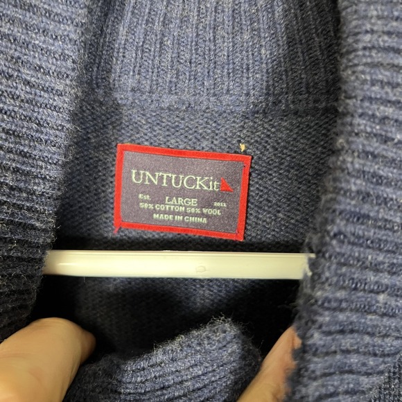 UNTUCKit Sweater Mens Large Navy Cotton Wool Mock Neck Henley Knit Pullover - Picture 4 of 7